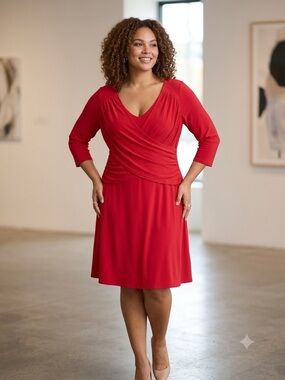 Plus-Size Red Faux-Wrap Midi Dress with Three-Quarter Sleeves